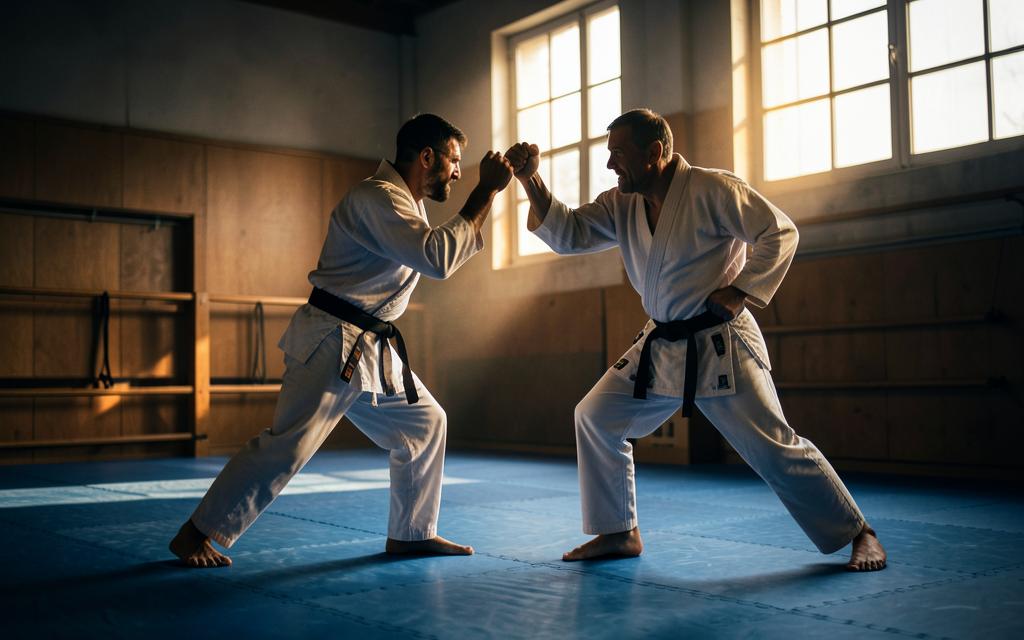 Martial arts students training in a dojo