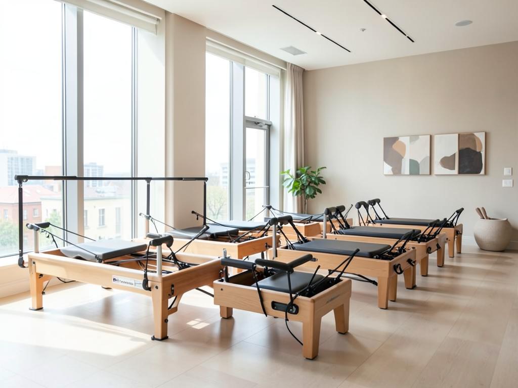 Bright Pilates studio with a row of reformer machines